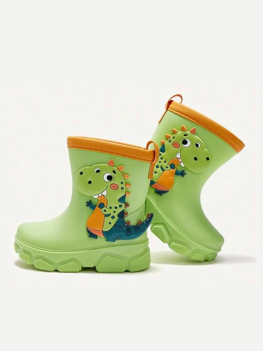 Kinkuu dinosaur rain boots: light green rain boots with an orange top trim, a pull tab and a cartoon dinosaur on the side