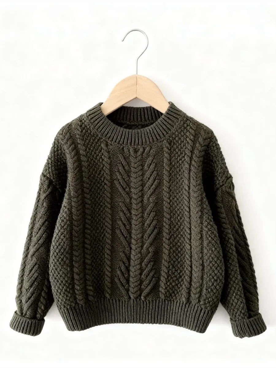 Kinkuu cable-knit sweater in olive green with ribbed cuffs and hem, on a hanger