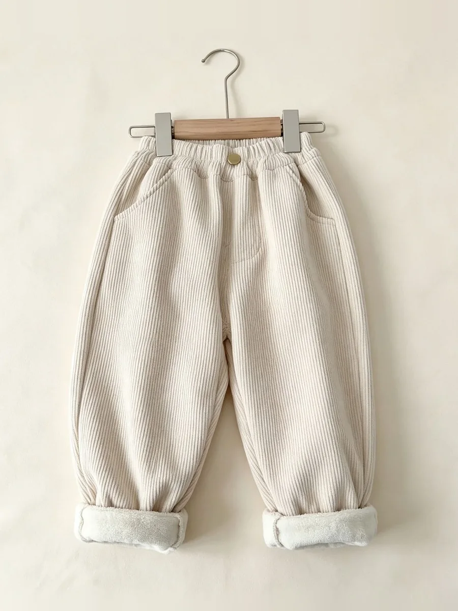 The fleece-lined cord trousers in cream, on a hanger
