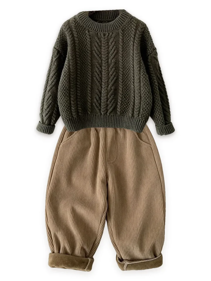 Cable-knit sweater with Fleece-lined cord trousers, camel
