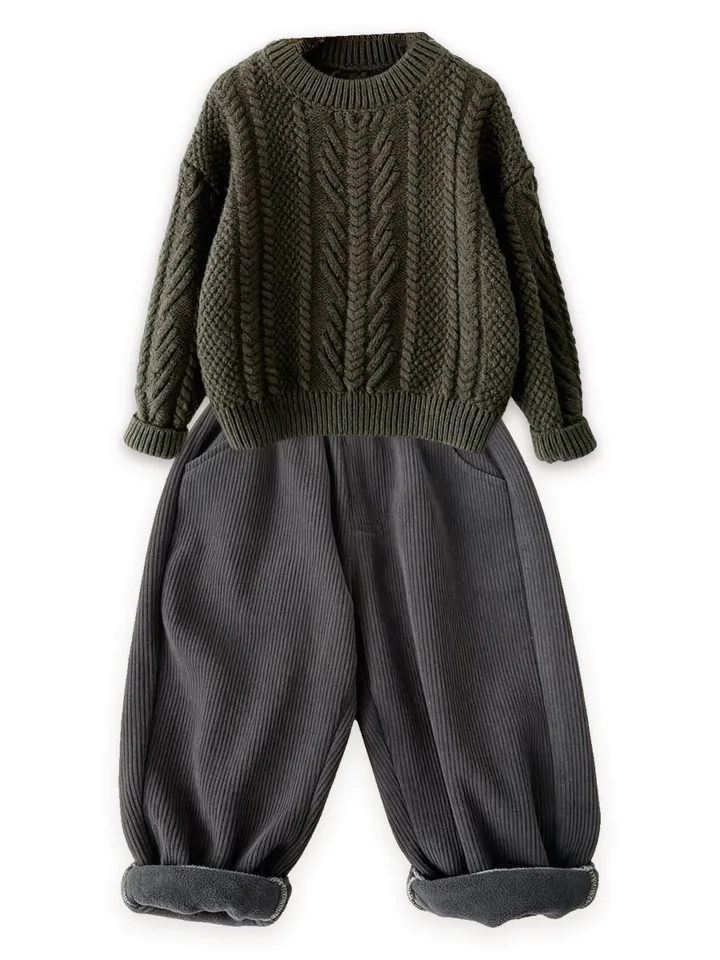 Cable-knit sweater with Fleece-lined cord trousers, charcoal