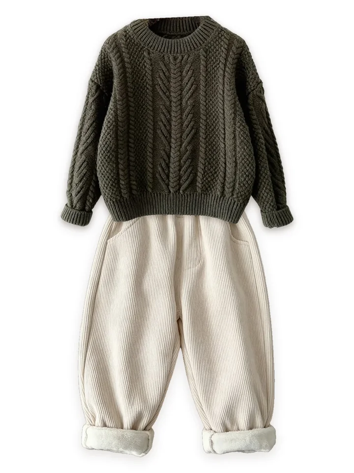Cable-knit sweater with Fleece-lined cord trousers, cream