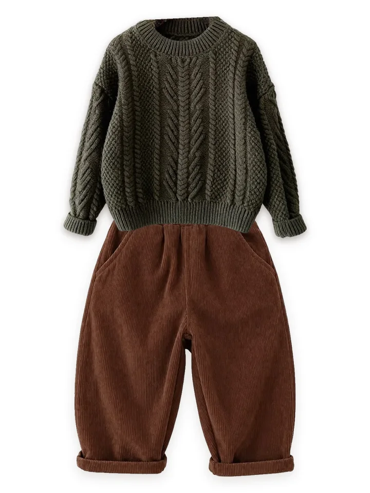 Cable-knit sweater with Corduroy trousers