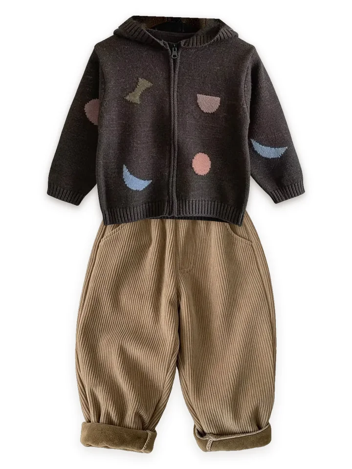 Shapes knit zip hoodie with Fleece-lined cord trousers, camel