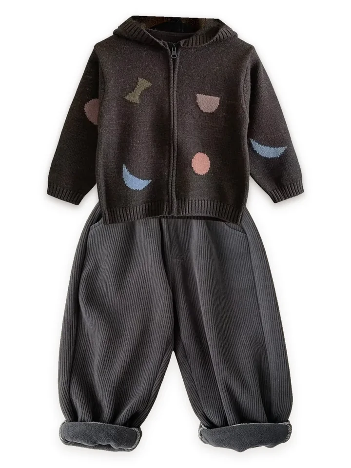 Shapes knit zip hoodie with Fleece-lined cord trousers, charcoal