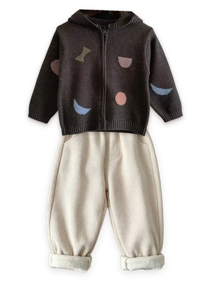 Shapes knit zip hoodie with Fleece-lined cord trousers, cream