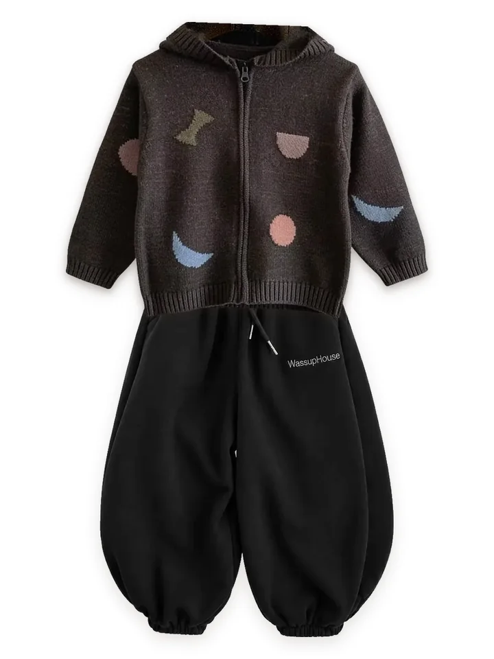 Shapes knit zip hoodie with Fleece-lined balloon joggers, black