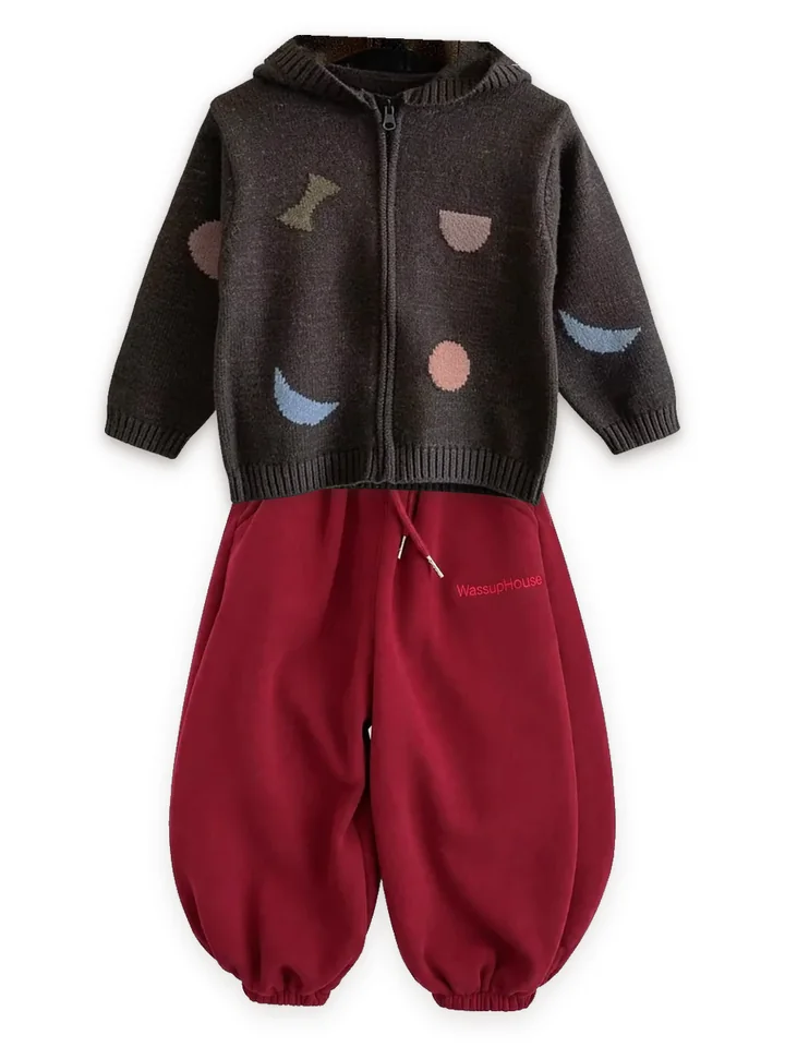 Shapes knit zip hoodie with Fleece-lined balloon joggers, burgundy