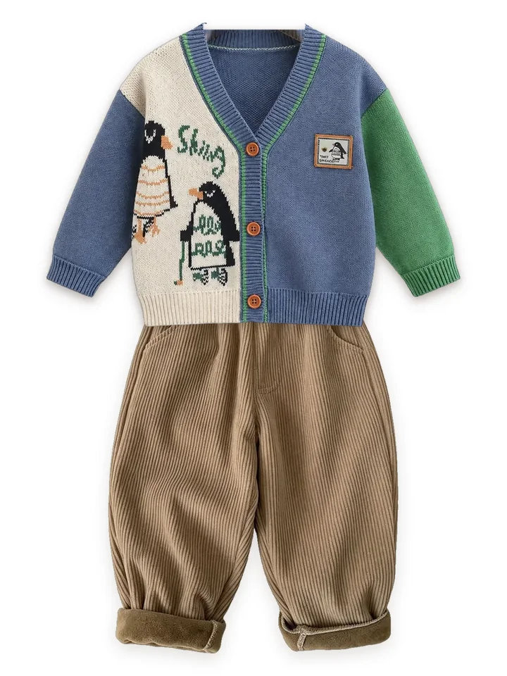 Penguin knit cardigan with Fleece-lined cord trousers, camel