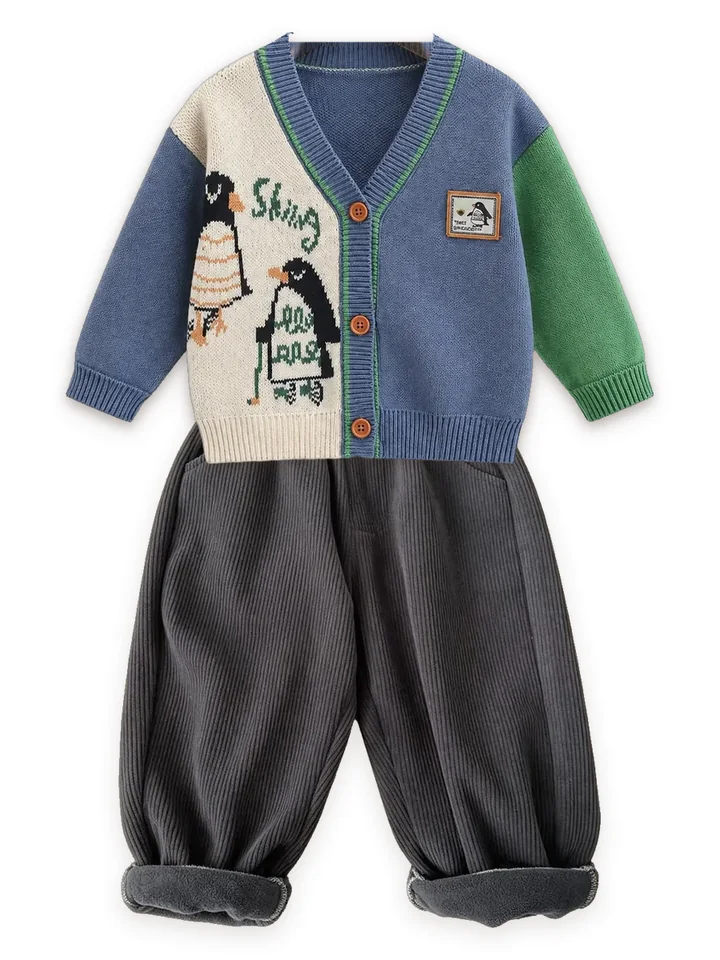 Penguin knit cardigan with Fleece-lined cord trousers, charcoal