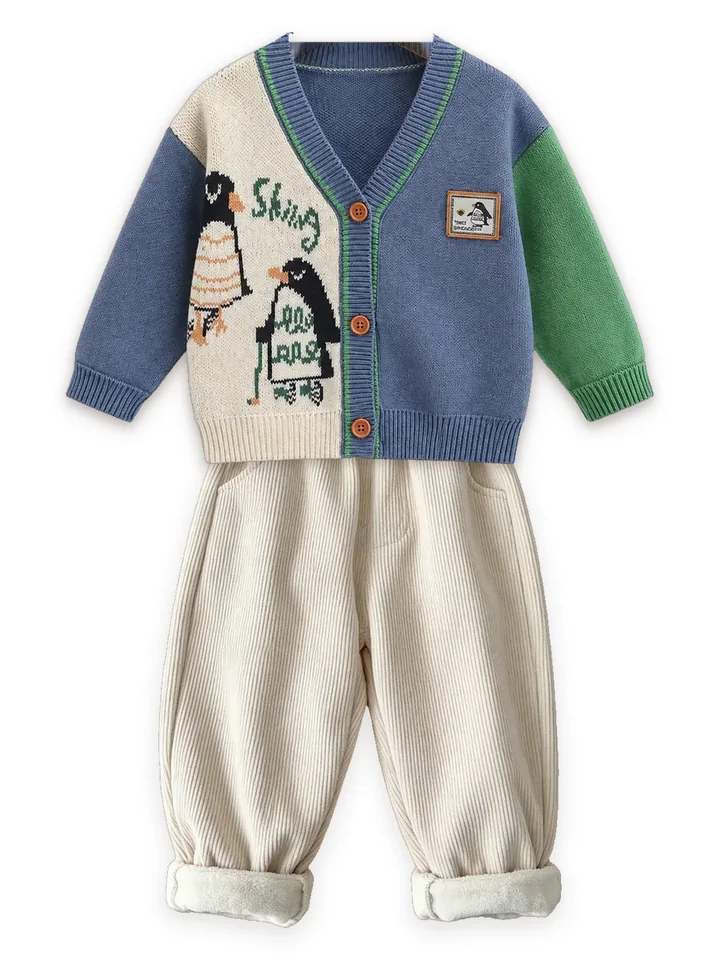 Penguin knit cardigan with Fleece-lined cord trousers, cream
