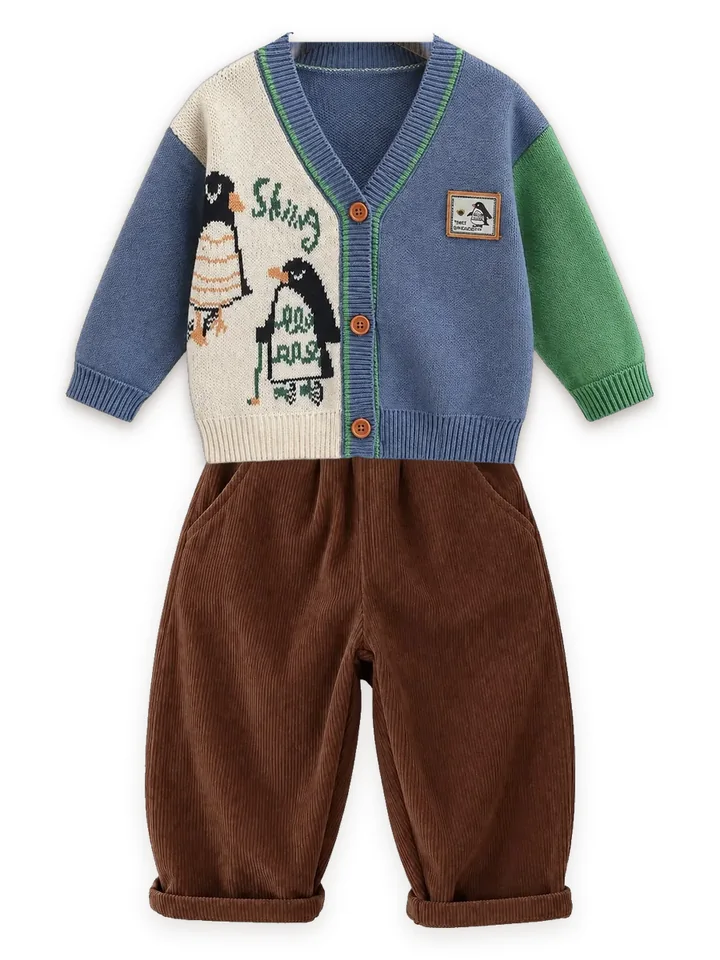 Penguin knit cardigan with Corduroy trousers