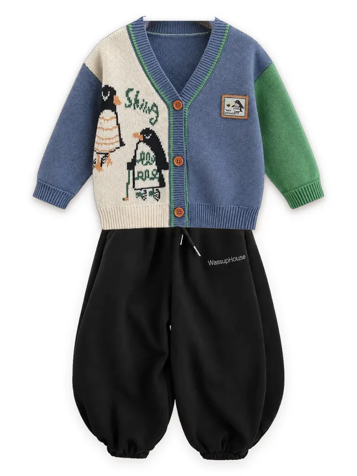 Penguin knit cardigan with Fleece-lined balloon joggers, black