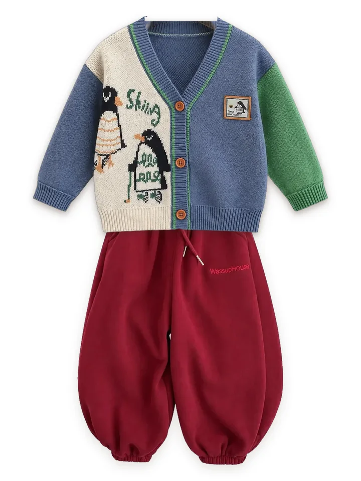 Penguin knit cardigan with Fleece-lined balloon joggers, burgundy