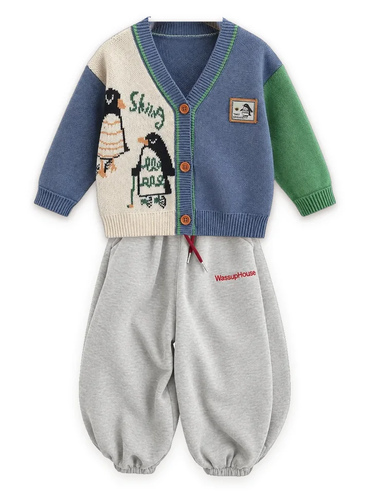 Penguin knit cardigan with Fleece-lined balloon joggers, grey