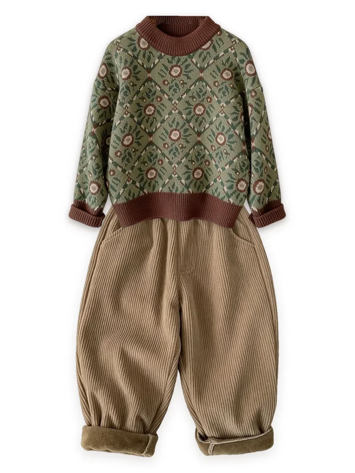 Floral jacquard sweater with Fleece-lined cord trousers, camel