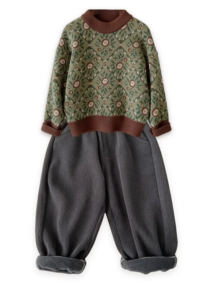 Floral jacquard sweater with Fleece-lined cord trousers, charcoal