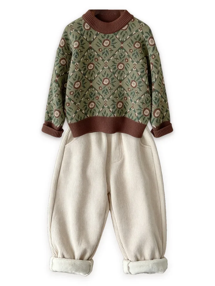 Floral jacquard sweater with Fleece-lined cord trousers, cream