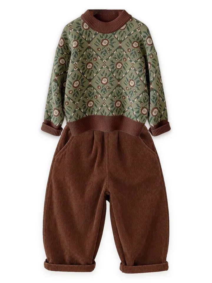 Floral jacquard sweater with Corduroy trousers