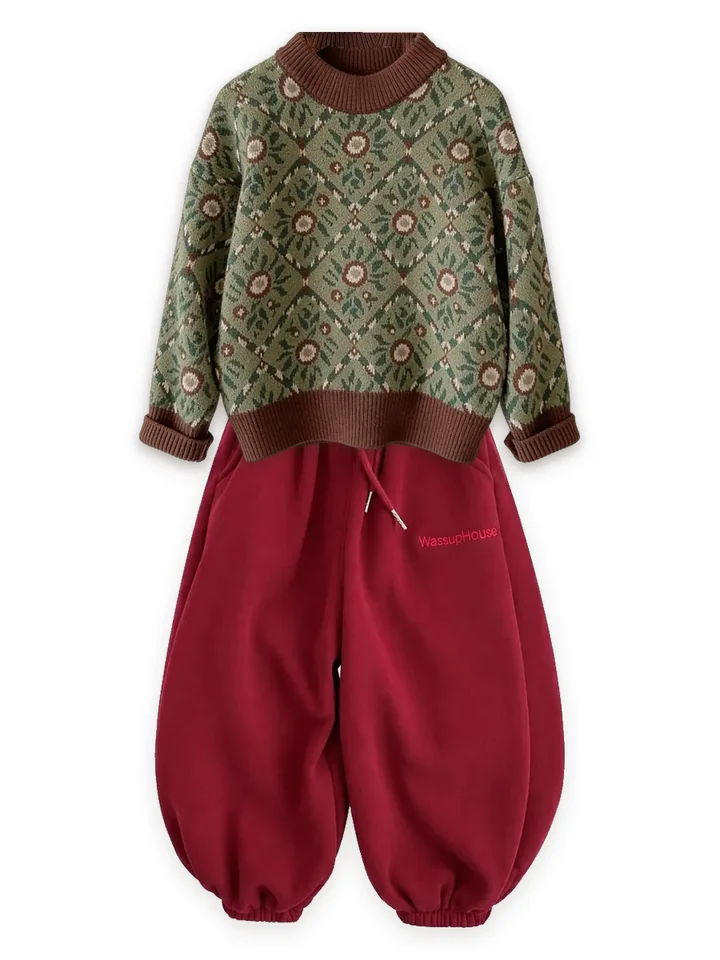 Floral jacquard sweater with Fleece-lined balloon joggers, burgundy