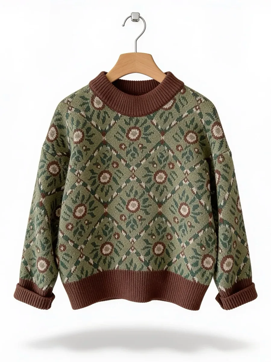 Kinkuu floral jacquard sweater in sage green with brown ribbing, on a hanger