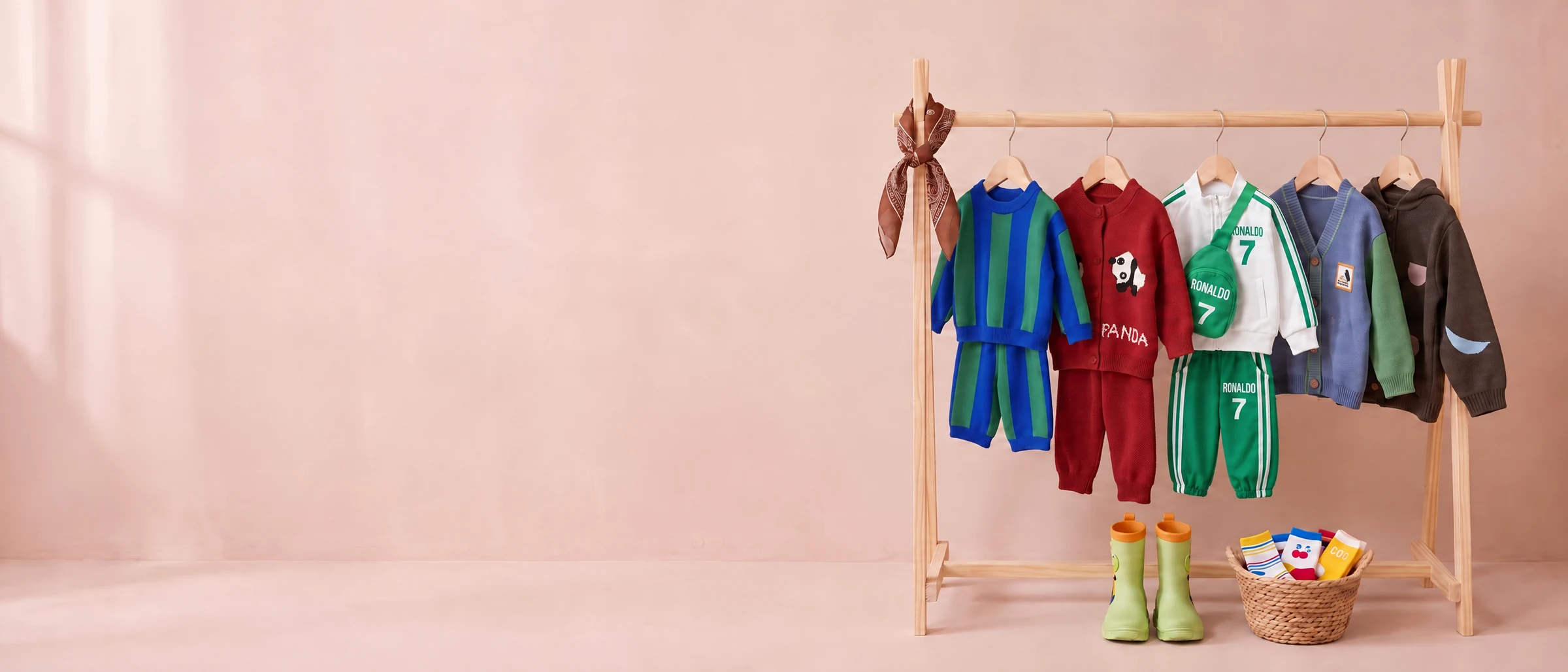 Kinkuu clothes on a little wooden rail against a blush wall: the striped set with capri shorts, the panda set, the Number 7 tracksuit set with its bag, the penguin cardigan and the shapes hoodie, with the dinosaur rain boots and a basket of socks underneath
