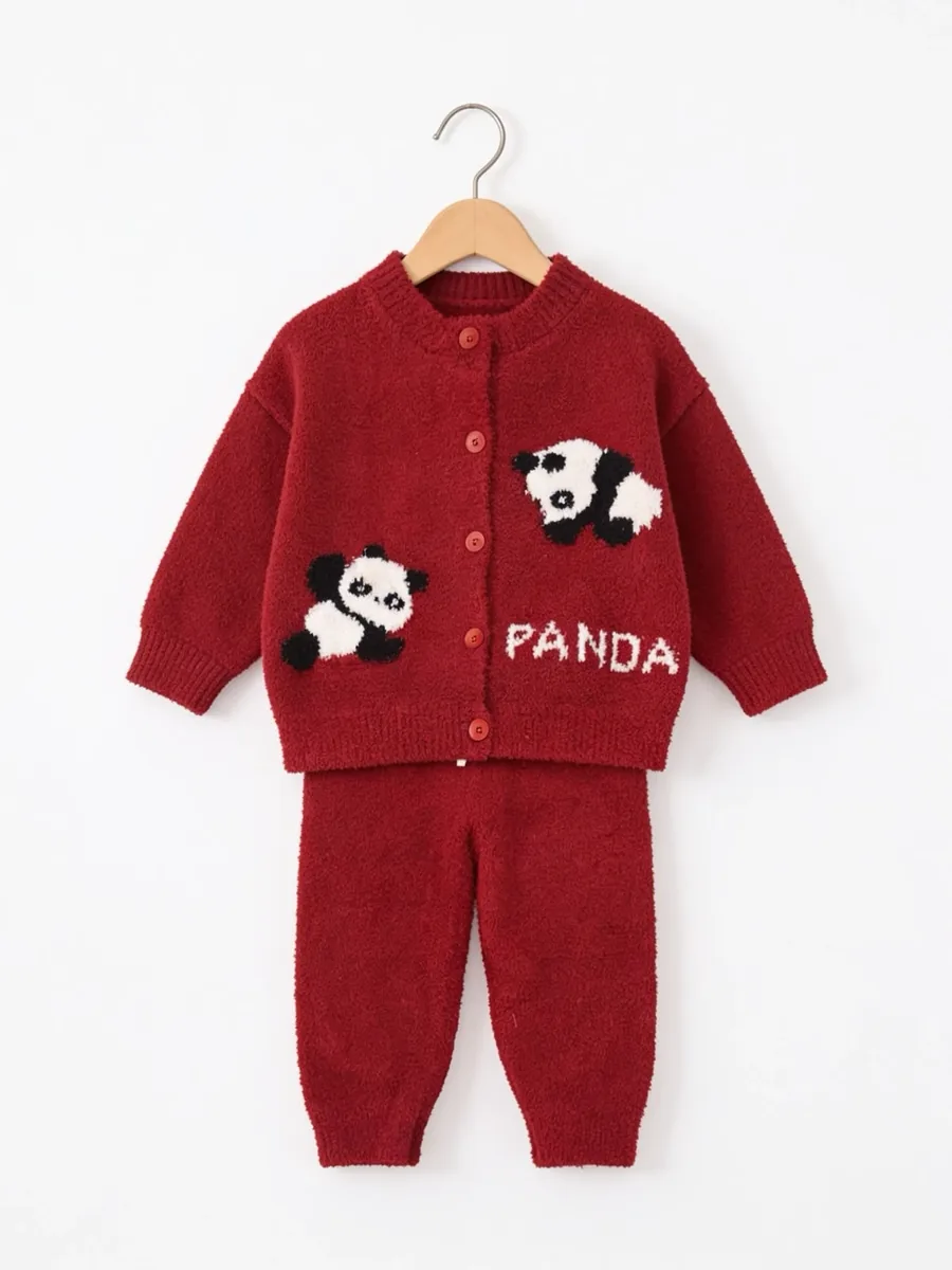 Kinkuu panda co-ord set in cherry red: teddy-knit cardigan and matching trousers on a hanger