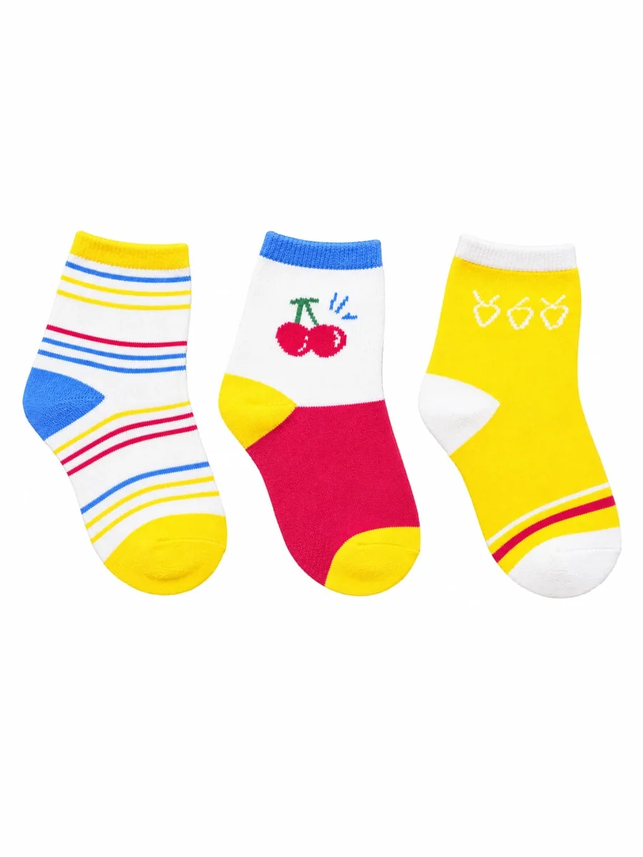 Kinkuu socks, a set of 3 pairs: yellow and blue stripes, a red cherry, and yellow with little strawberries