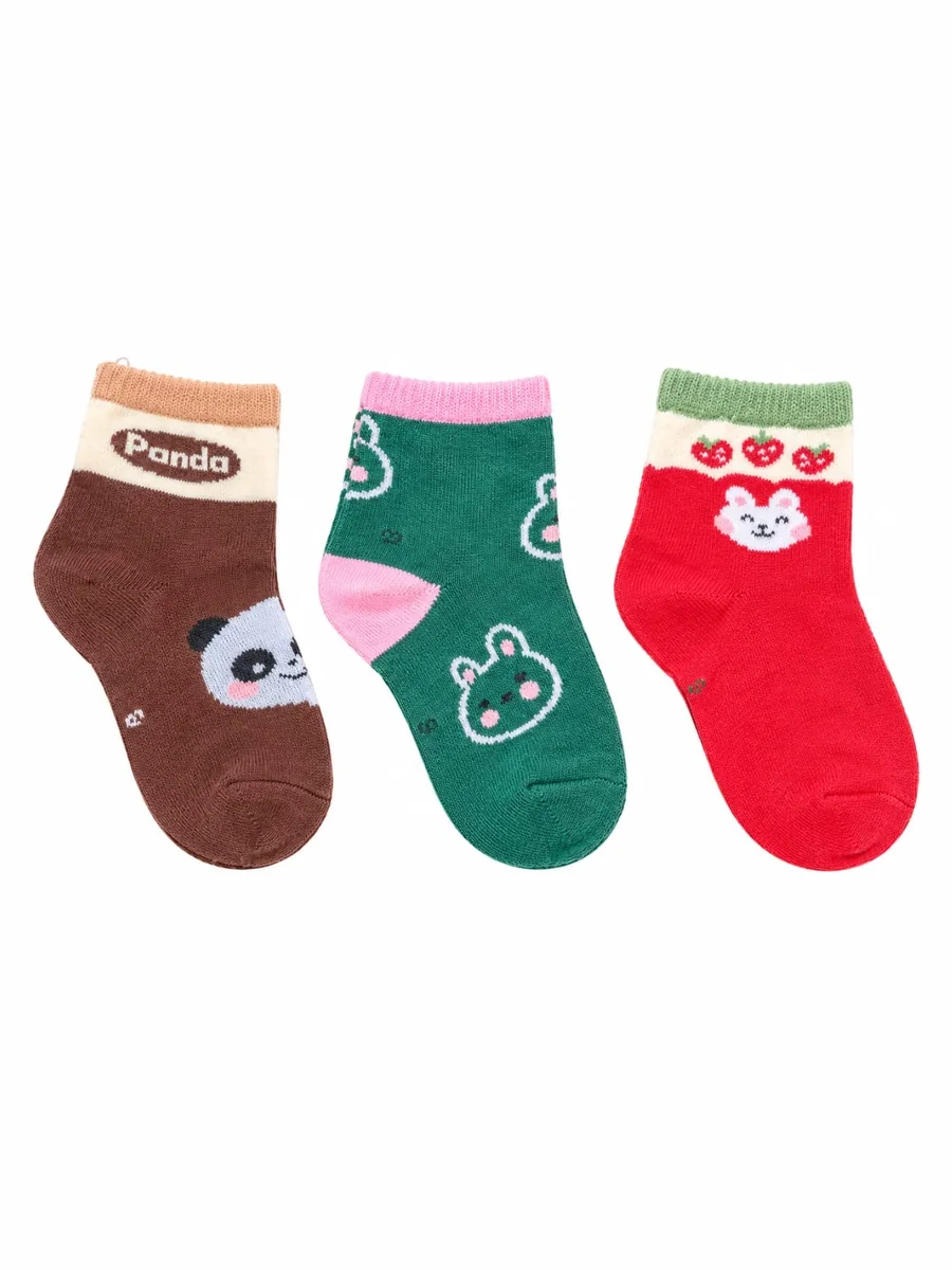 Kinkuu socks, a set of 3 pairs: a brown panda sock, a green sock with bunny faces, and a red sock with a bunny and strawberries