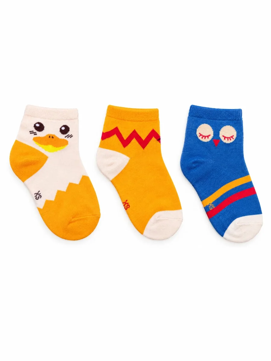 Kinkuu socks, a set of 3 pairs: a duck face, an orange zigzag and a sleepy owl