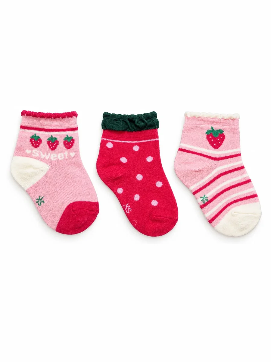 Kinkuu socks, a set of 3 pairs: pink with strawberries, pink polka dots, and pink stripes with a strawberry
