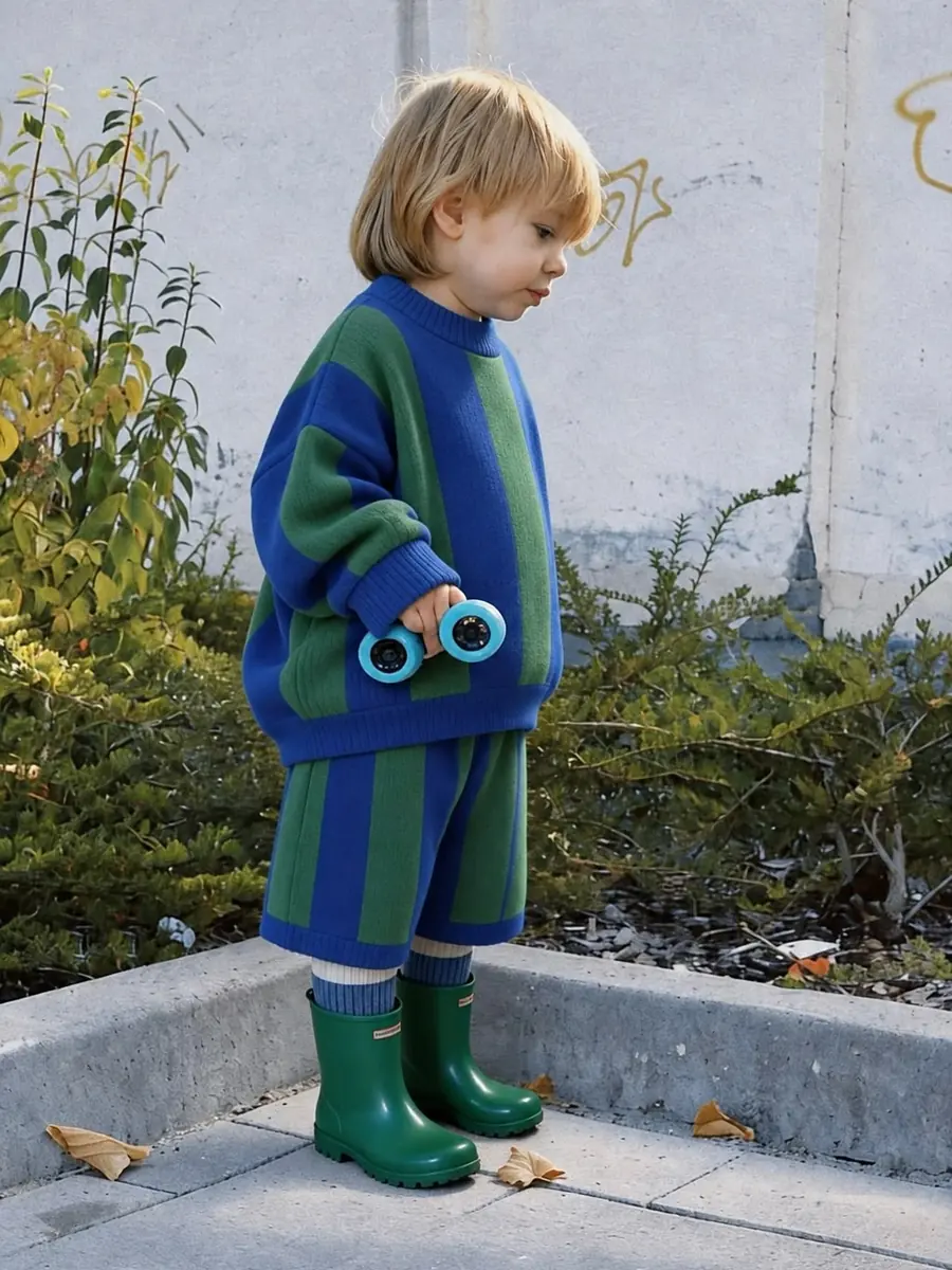 A little boy in green rain boots wearing the blue and green striped co-ord set, holding a toy