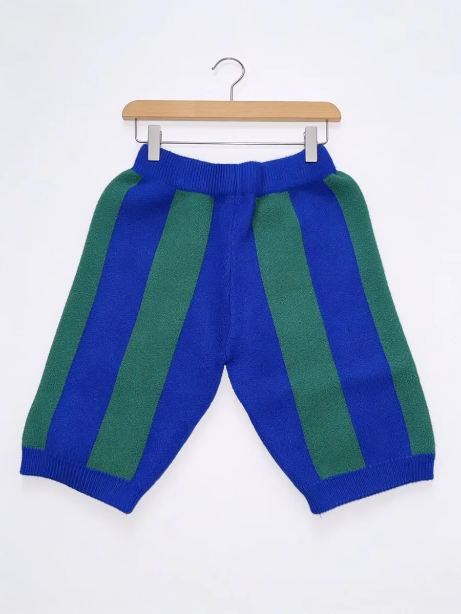 The blue and green striped capri pants on their own, on a hanger