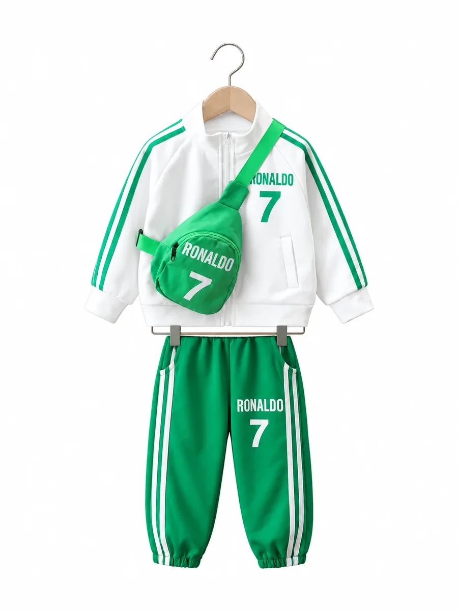Kinkuu number 7 tracksuit set: white zip jacket with green stripes, green track pants and a green crossbody bag, on a hanger